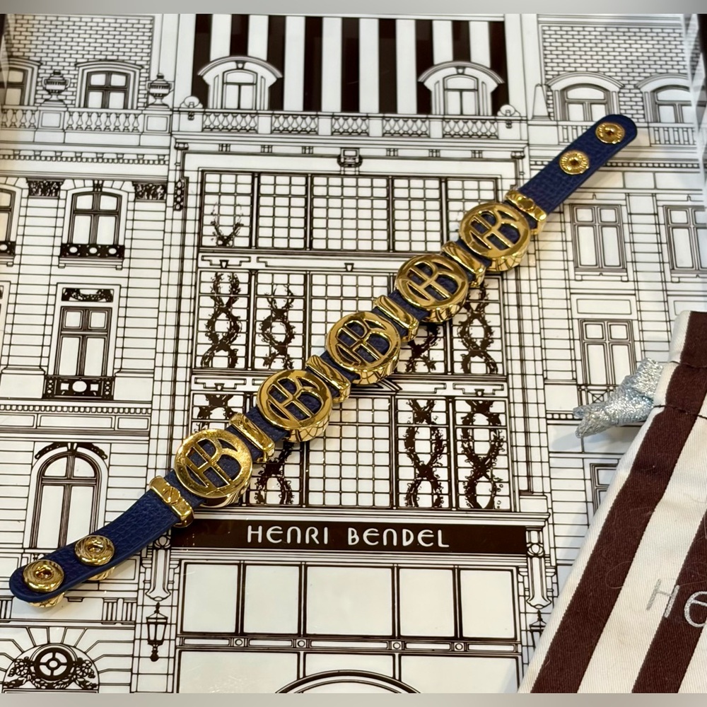 NEW FULL INCLUSION HENRI BENDEL BLUE/GOLD LEATHER BRACELET w/SWAROVSKI CRYSTALS - Picture 8 of 12